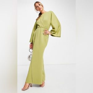 ASOS DESIGN front twist maxi dress with fluted sleeve in olive green NWOT